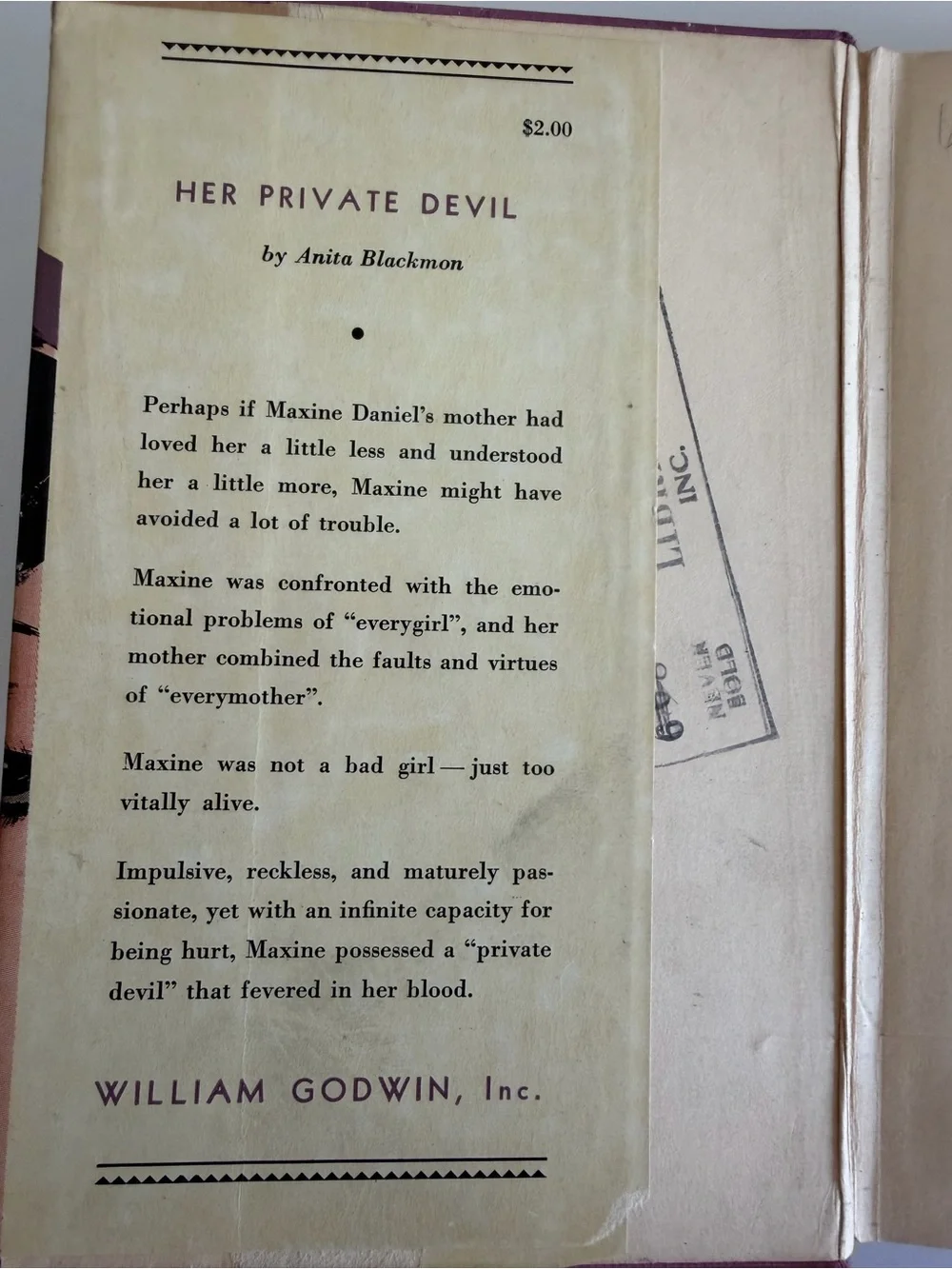 Vtg 1934 HER PRIVATE DEVIL 1st Ed Pulp Book Dust Jacket Anita Blackmon Godwin